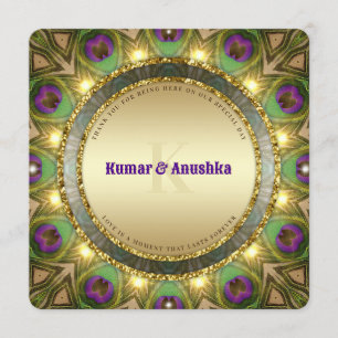 Peacock Feathers Gold Glow Indian Wedding Invite Programma