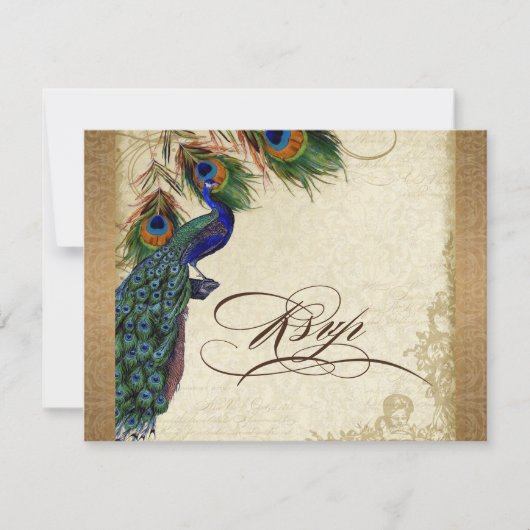 Peacock & Feathers Gold Kijk Damask Swirl RSVP Kaartje (Voorkant)