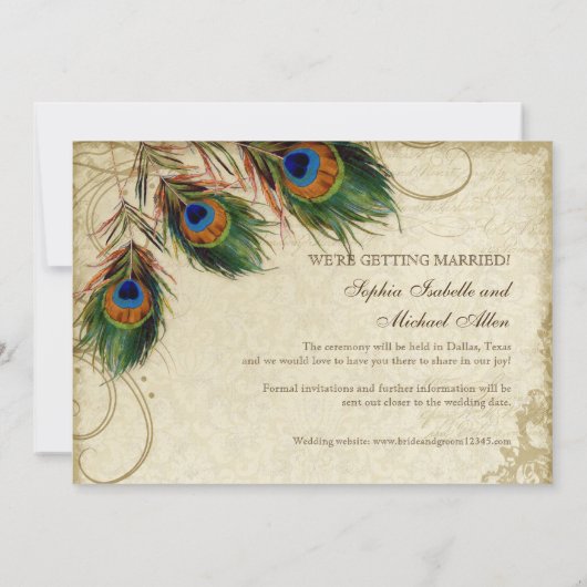Peacock & Feathers  Gold Kijk Damask Swirl Save The Date (Achterkant)