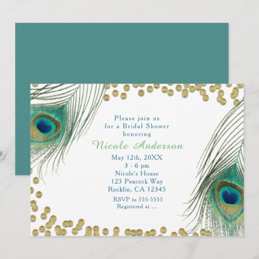 Peacock Feathers & Gold Stippen Boho Glam Invitati Kaart (Voorkant / Achterkant)