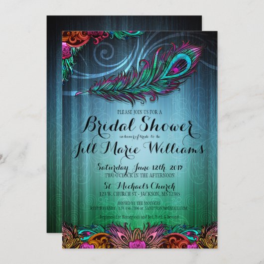 Peacock Feathers Invitation à la douche nuptiale (Devant / Derrière)