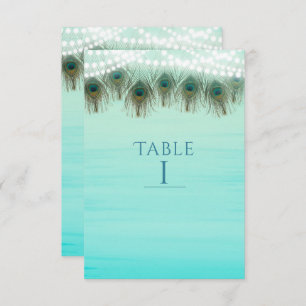 Peacock Feathers & Lights Rustic Table Number Kaar Kaart