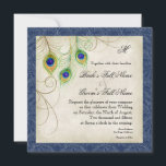 Peacock Feathers Marine Faire-part de mariage bleu<br><div class="desc">C'est une invitation contemporaine, moderne, sophistiquée. Doté de plumes Peacock de style moderne stylisées et colorées à la main, sur une dentelle à l'apparence vintage peinte à la main et arrière - plan parchemin avec tourbillons délicats et fleuris en bronze et votre choix de couleur de bordure arrière - plan,...</div>