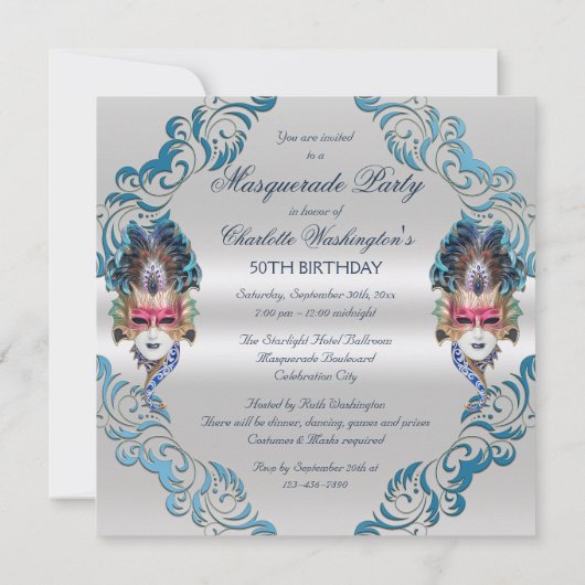 Peacock Feathers Mask Masquerade Party Silver Kaart (Achterkant)