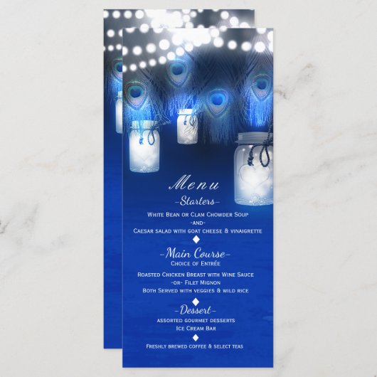 Peacock Feathers, Mason Jar & String Lights Menu (Devant / Derrière)