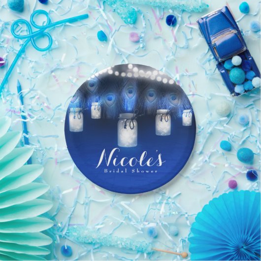 Peacock Feathers, Mason Jar & String Lights Party Papieren Bordje (Feest)