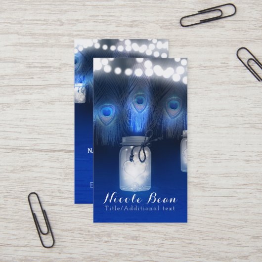 Peacock Feathers, Mason Jar & String Lights Rustic Visitekaartje (Voorkant / Achterkant in situ)