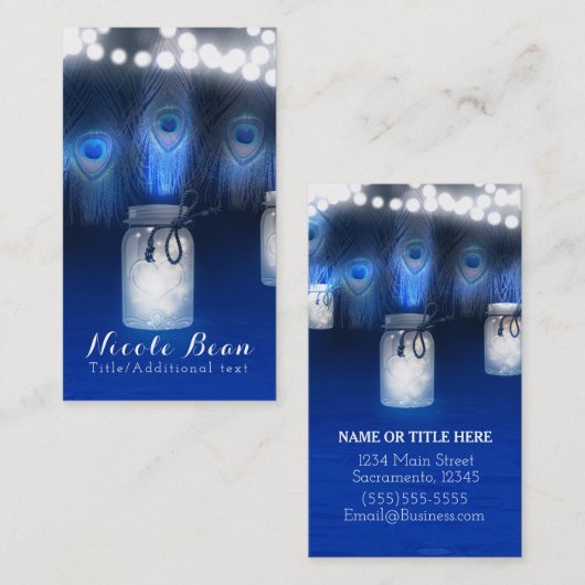 Peacock Feathers, Mason Jar & String Lights Rustic Visitekaartje (Voorkant / Achterkant)