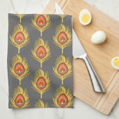 Peacock Feathers, mosterdgeel op grijs / grijs Theedoek (Quarter Fold)