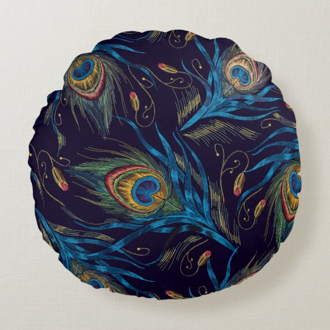 Peacock Feathers Naadloos Patroon Rond Kussen (Voorkant)