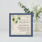 Peacock Feathers Navy Blue bruiloft uitnodiging (Staand voorkant)