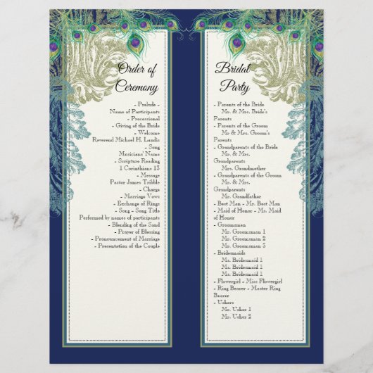 Peacock Feathers Navy Blue Wedding Programme (Achterkant)