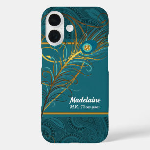 Peacock Feathers op Blauwgroen Paisley iPhone 16 Hoesje