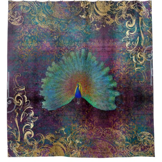  Peacock Feathers Paars Blauwgroen Gold Scroll Douchegordijn (Voorkant)