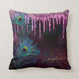 Peacock Feathers Paars Glitter Drip Monogram Naam Kussen