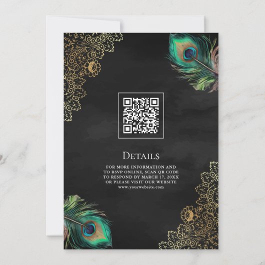 Peacock Feathers QR Code Zwart Moslim Bruiloft Kaart (Achterkant)