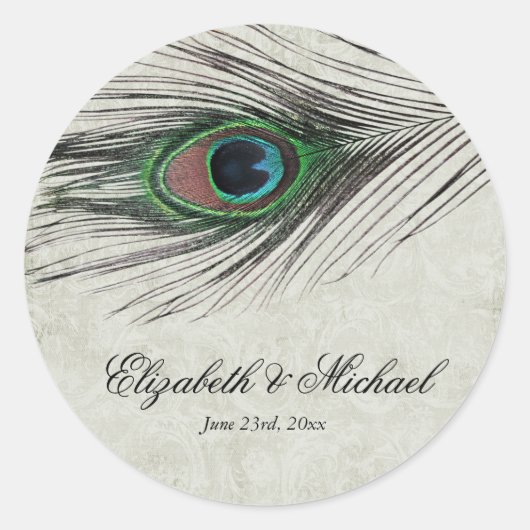  Peacock Feathers Ronde Bruiloft Favor Label (Voorkant)