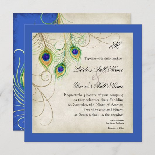 Peacock Feathers Royal Blue Faire-part de mariage (Devant / Derrière)