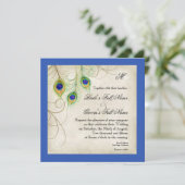 Peacock Feathers Royal Blue Wedding Invitation Kaart (Staand voorkant)