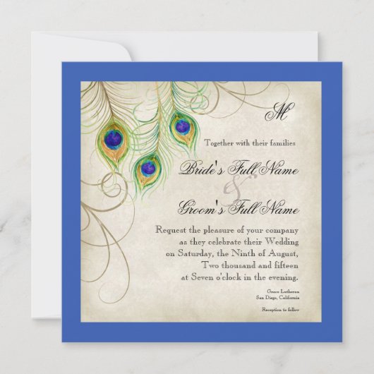 Peacock Feathers Royal Blue Wedding Invitation Kaart (Voorkant)