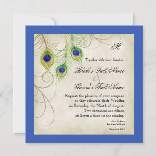 Peacock Feathers Royal Blue Wedding Invitation Kaart