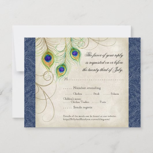 Peacock Feathers Royal Blue Wedding Invitation Kaart (Voorkant)