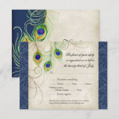 Peacock Feathers Royal Blue Wedding Invitation Kaart (Voorkant / Achterkant)