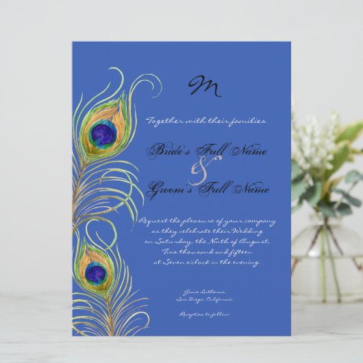 Peacock Feathers Royal Cobalt Blue bruiloft uitnod Kaart (Staand voorkant)