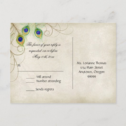 Peacock Feathers RSVP Response Briefkaarten (Achterkant)