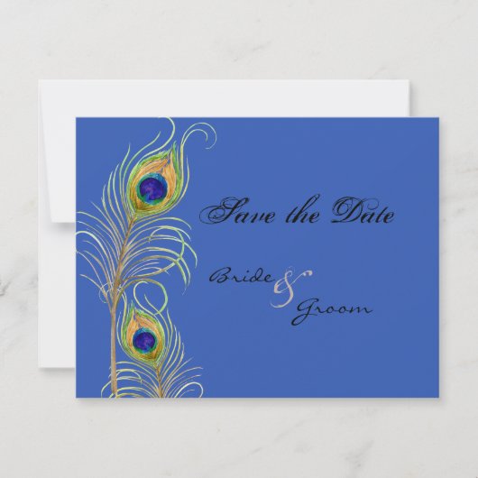 Peacock Feathers sparen de Datum Blauw uitnodigen Save The Date (Voorkant)