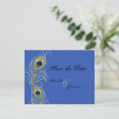 Peacock Feathers sparen de Datum Blauw uitnodigen Save The Date (Staand voorkant)