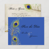 Peacock Feathers sparen de Datum Blauw uitnodigen Save The Date (Voorkant / Achterkant)