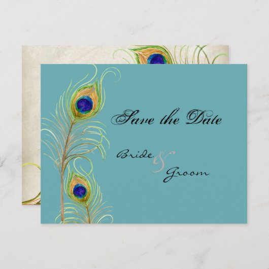 Peacock Feathers sparen de Datum uitnodigen Kaarte Save The Date (Voorkant / Achterkant)