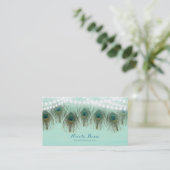 Peacock Feathers & String Lights Rustic Elegant Visitekaartje (Staand voorkant)