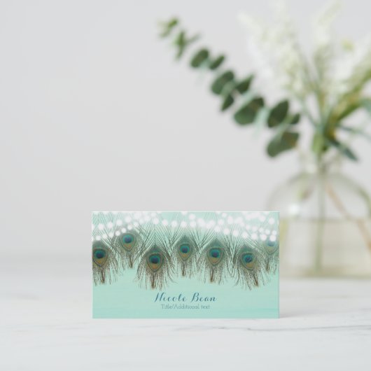 Peacock Feathers & String Lights Rustic Elegant Visitekaartje (Staand voorkant)