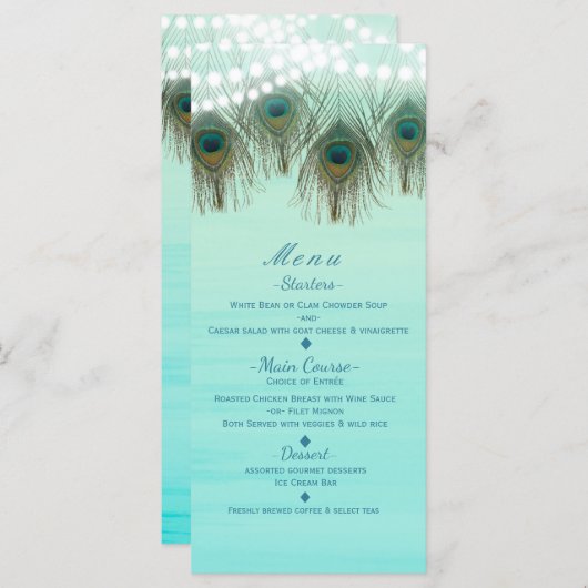 Peacock Feathers & String Lights Rustic Party Menu (Devant / Derrière)