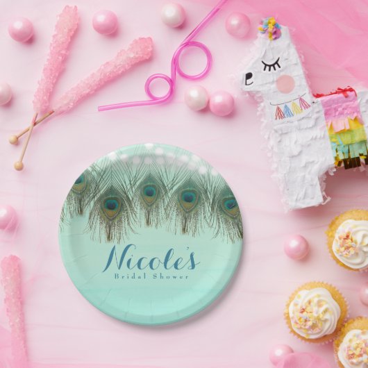 Peacock Feathers & String Lights Rustic Party Papieren Bordje (Feest)