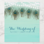 Peacock Feathers & String Lights Rustic Party Wine Wijn Etiket (Enkel label)