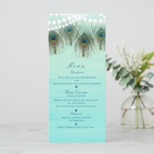 Peacock Feathers & String Lights Rustiek Party Men Menu (Staand voorkant)