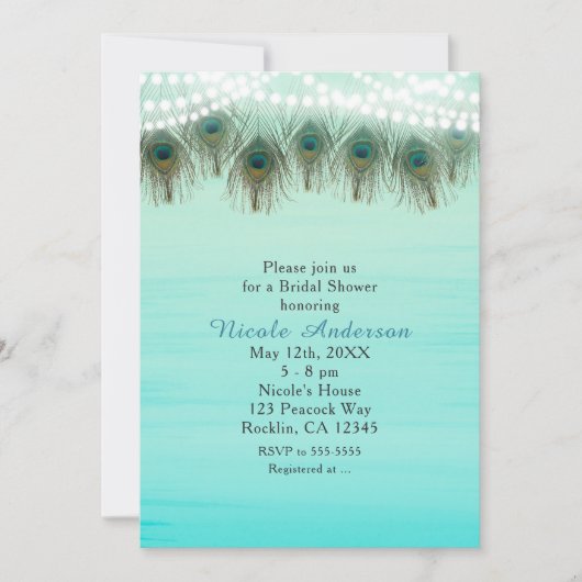 Peacock Feathers & String Lights Rustige Uitnodigi Kaart (Voorkant)