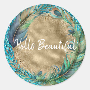 Peacock Feathers Turquoise Blue Glitter Ronde Sticker