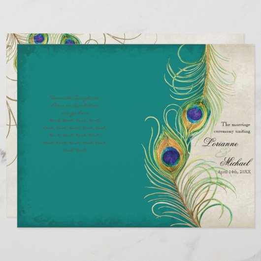 Peacock Feathers - Turquoise, programme de mariage (Devant / Derrière)