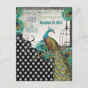 Peacock Feathers Vogelkooi Save the Date Aankondigingskaart