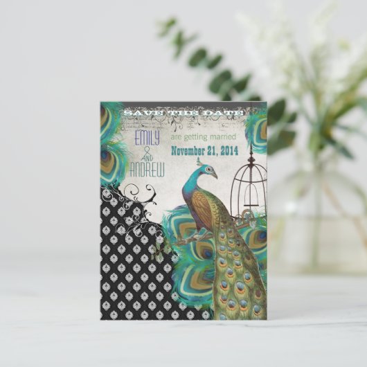 Peacock Feathers Vogelkooi Save the Date Aankondigingskaart (Staand voorkant)