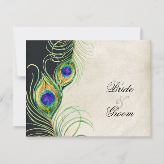 Peacock Feathers Waterverf Black Tan Damask RSVP Kaartje (Voorkant)