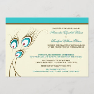 Peacock Feathers Wedding Invitation (aqua) Kaart