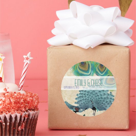  Peacock Feathers Wedding Seal Ronde Sticker (Feest)