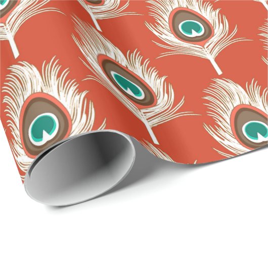 Peacock Feathers, White on Mandarin Oranje Cadeaupapier (Rol Hoek)