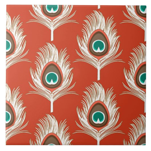 Peacock Feathers, White on Mandarin Oranje Tegeltje (Voorkant)