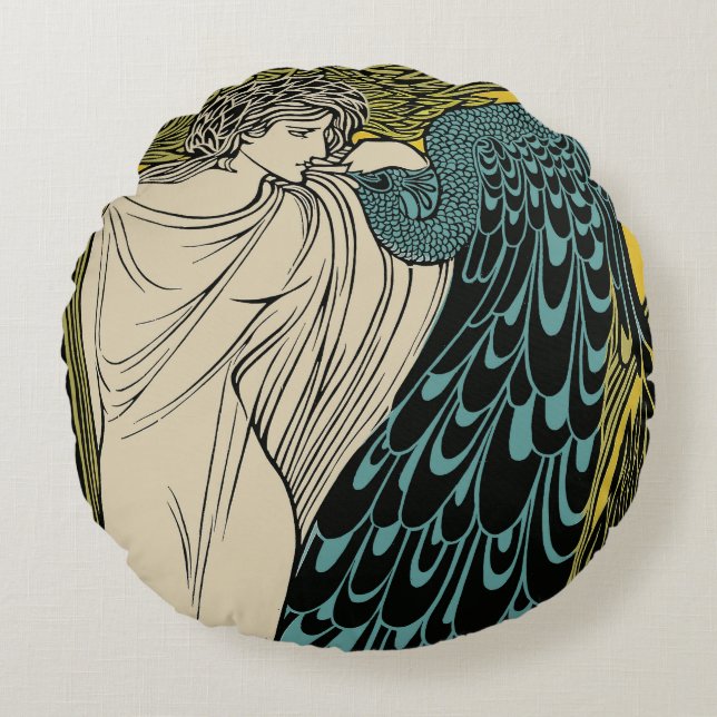 Peacock Fine Art Bird Nouveau Rond Kussen (Voorkant)